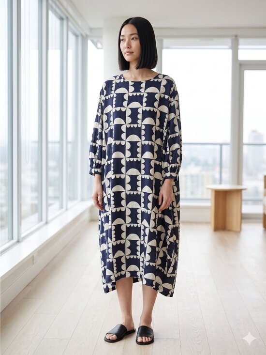 Mina Perhonen Dresses & Skirts - Mina Perhonen Hana Gumo Dress 38 US 6 Navy Abstract Floral Japan Artsy Lagenlook